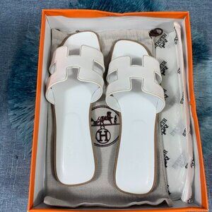 Hermes Oran White Leather Slides